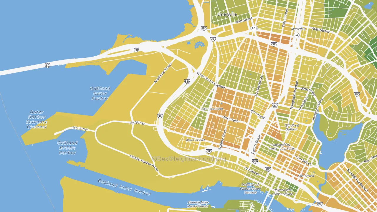 Map of the best neighborhoods in the Prescott, Oakland area, with better matches in green and worse matches in red