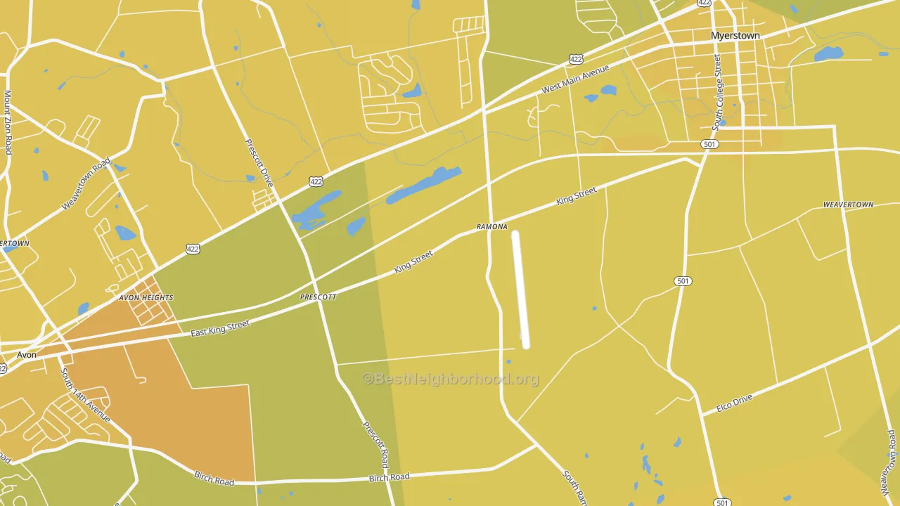 Map of the best neighborhoods in the Prescott area, with better matches in green and worse matches in red