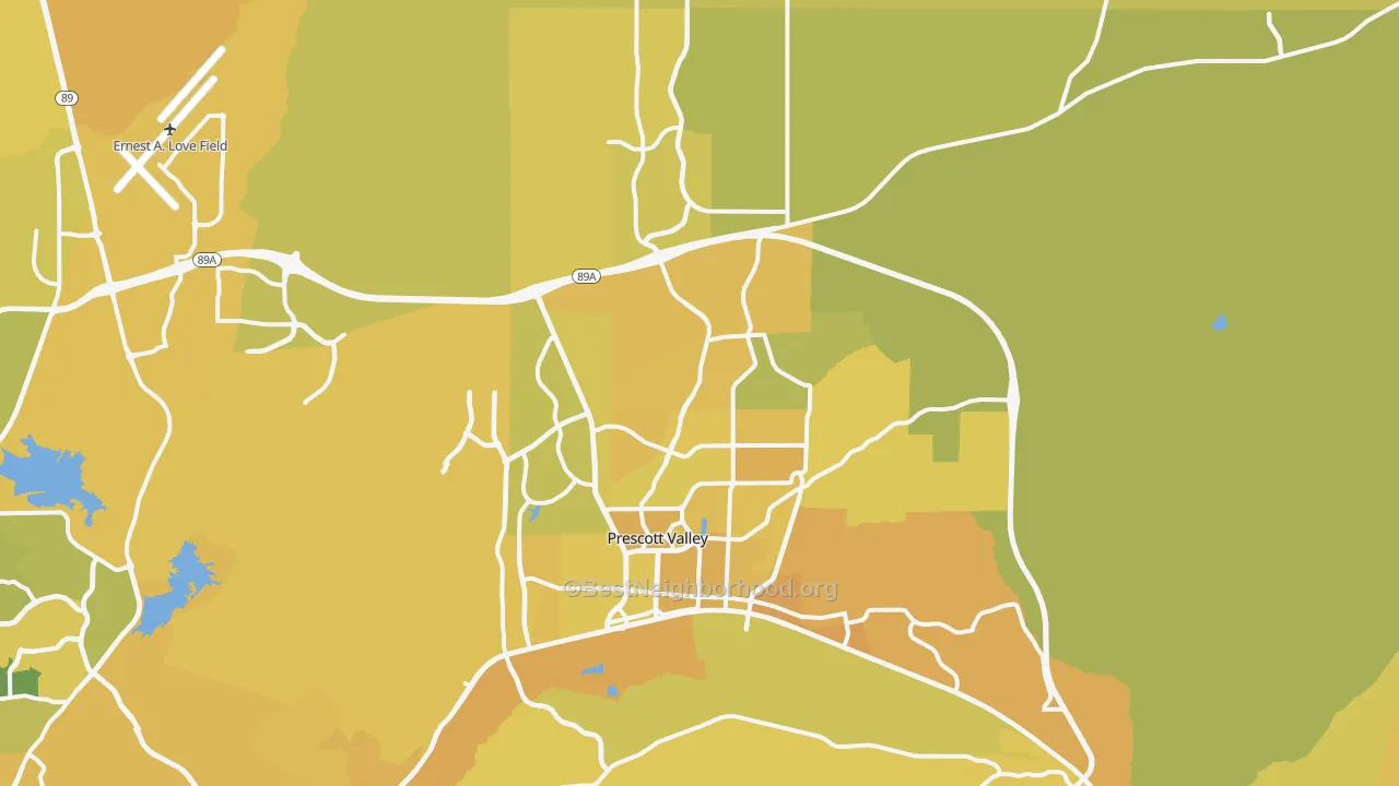 Map of the best neighborhoods in the Prescott Valley area, with better matches in green and worse matches in red