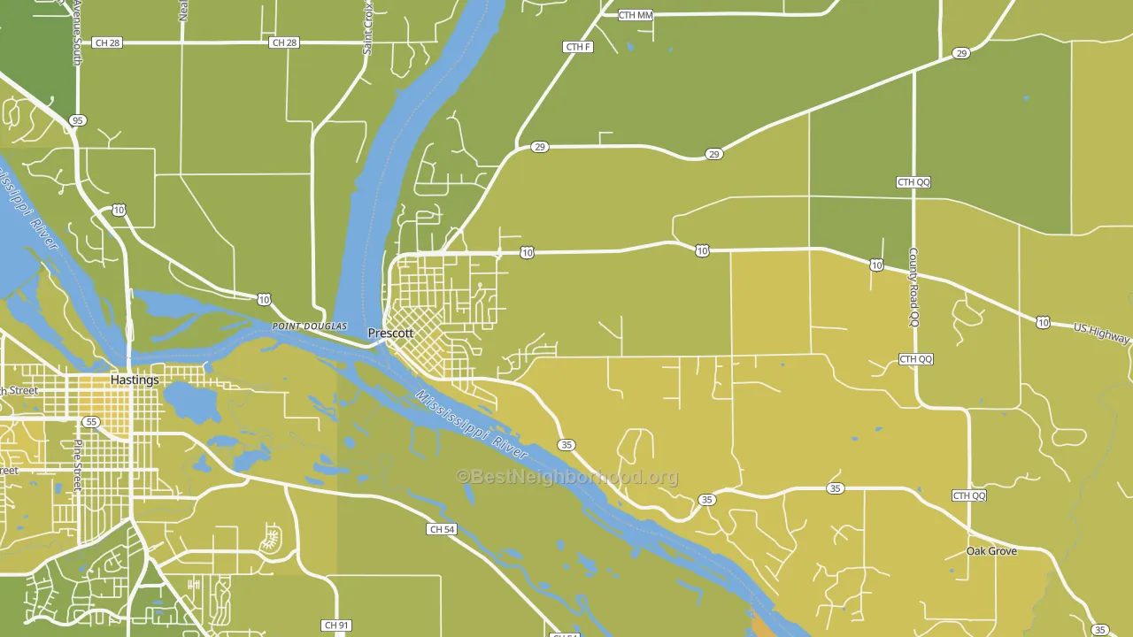 Map of the best neighborhoods in the Prescott area, with better matches in green and worse matches in red