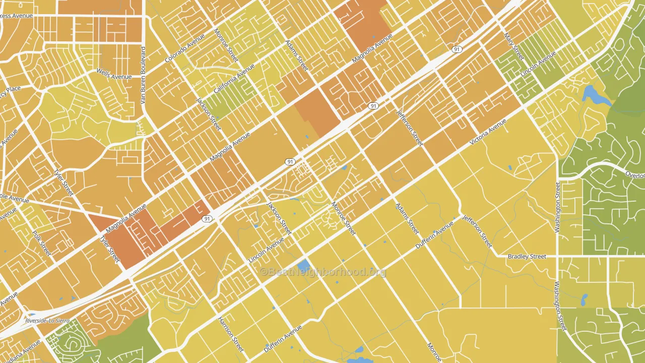 Map of the best neighborhoods in the Presidential Park, Riverside area, with better matches in green and worse matches in red
