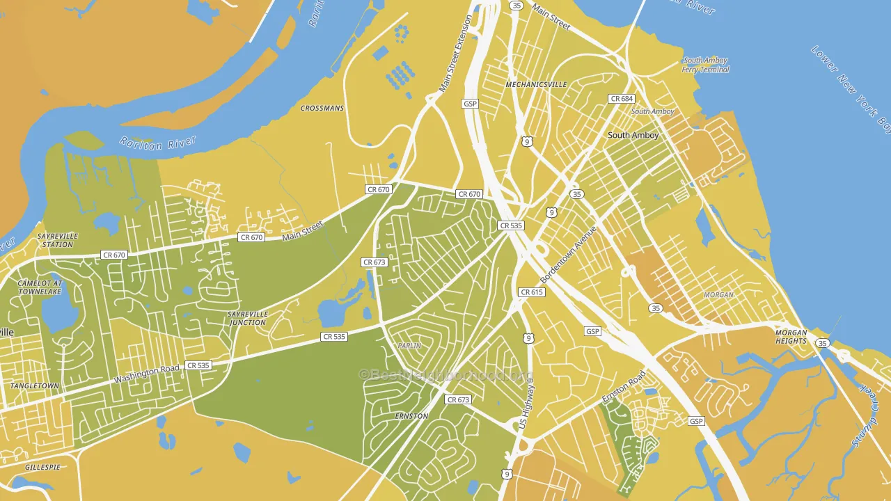 Map of the best neighborhoods in the Presidents Park, Parlin area, with better matches in green and worse matches in red