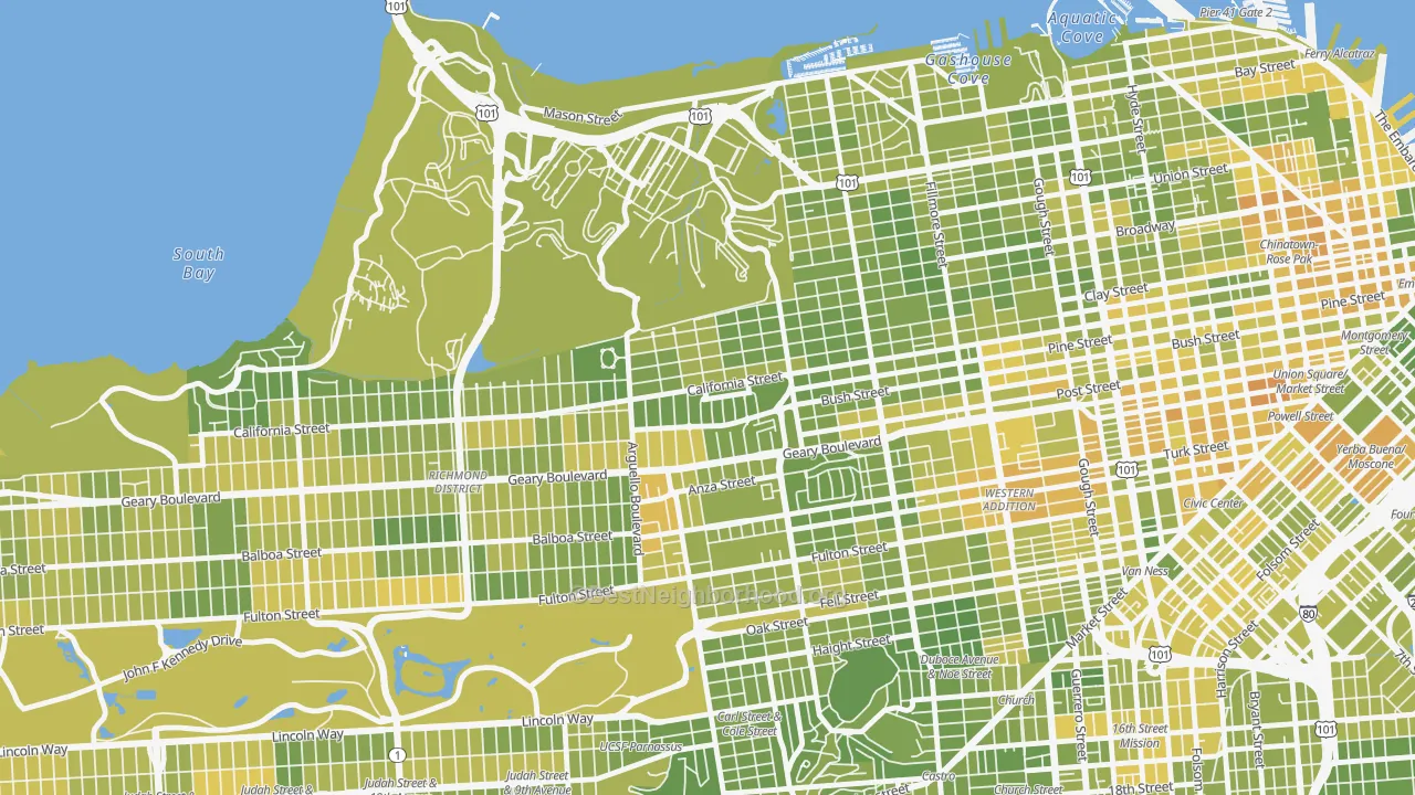 Map of the best neighborhoods in the Presidio Heights, San Francisco area, with better matches in green and worse matches in red