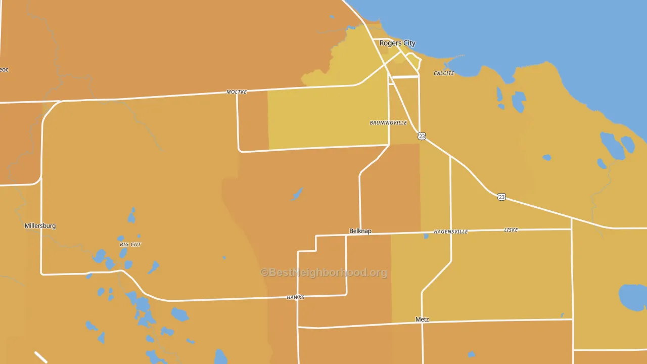 Map of the best neighborhoods in the Presque Isle County area, with better matches in green and worse matches in red