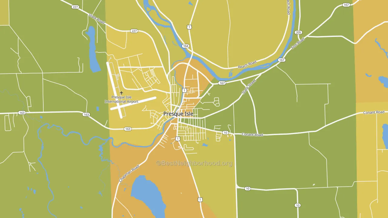 Map of the best neighborhoods in the Presque Isle area, with better matches in green and worse matches in red