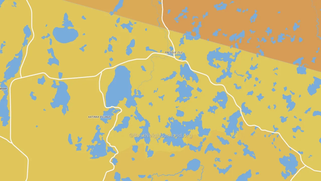 Map of the best neighborhoods in the Presque Isle area, with better matches in green and worse matches in red