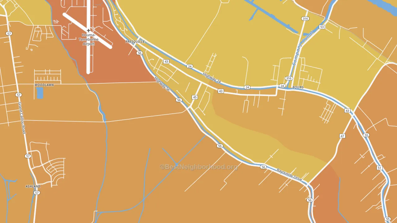 Map of the best neighborhoods in the Presquille area, with better matches in green and worse matches in red