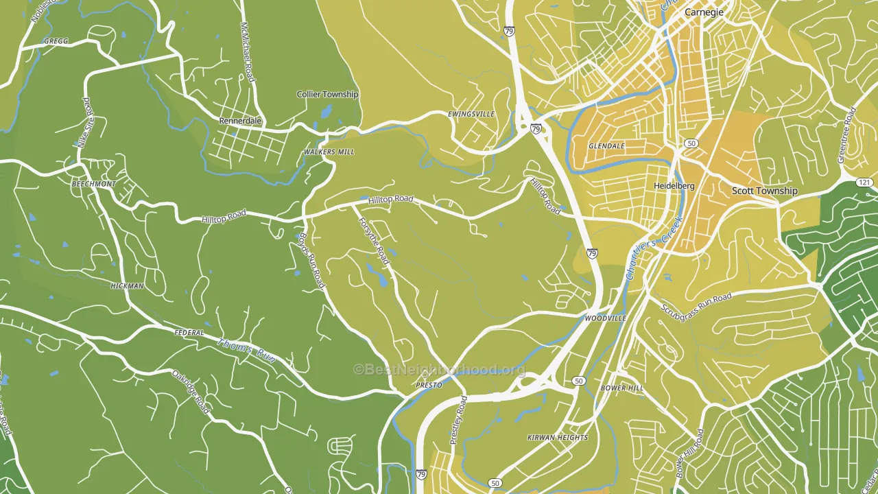 Map of the best neighborhoods in the Presto area, with better matches in green and worse matches in red