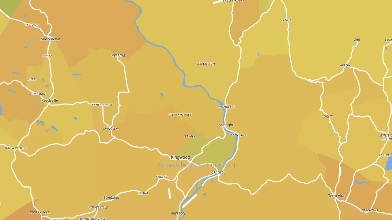 Map of the best neighborhoods in the Preston County area, with better matches in green and worse matches in red