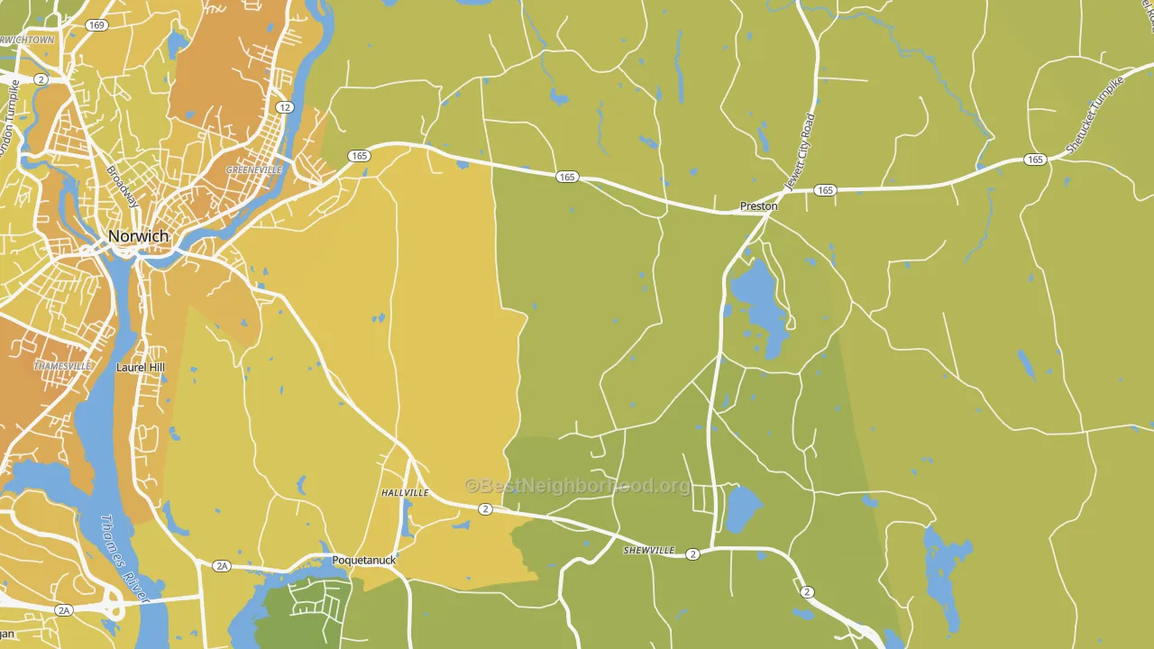 Map of the best neighborhoods in the Preston area, with better matches in green and worse matches in red