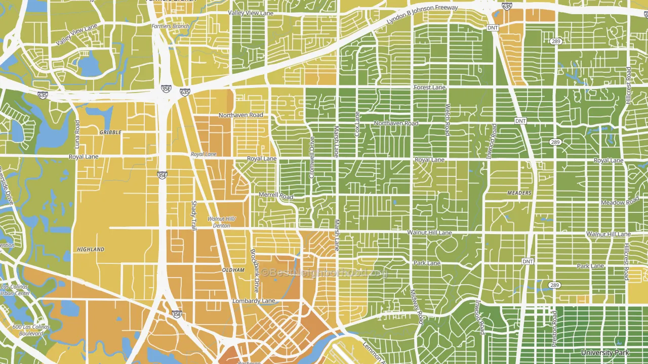 Map of the best neighborhoods in the Preston Hollow, Dallas area, with better matches in green and worse matches in red