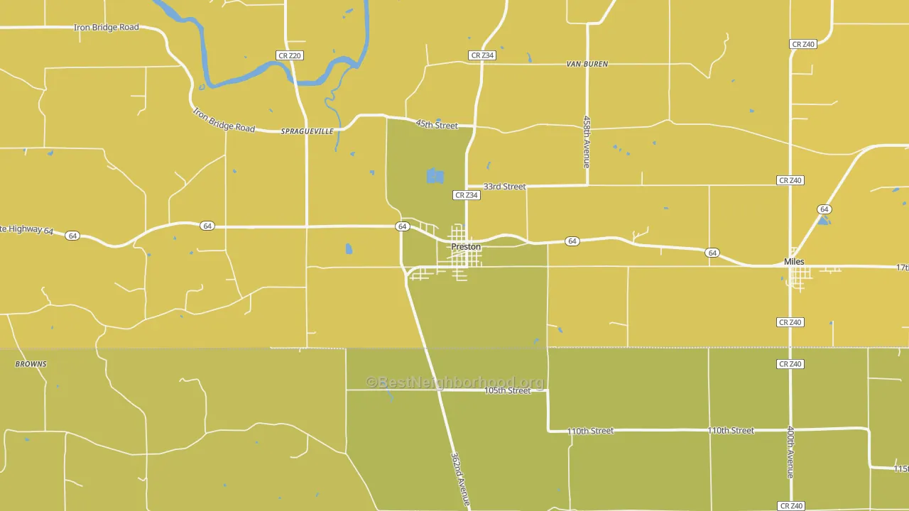 Map of the best neighborhoods in the Preston area, with better matches in green and worse matches in red