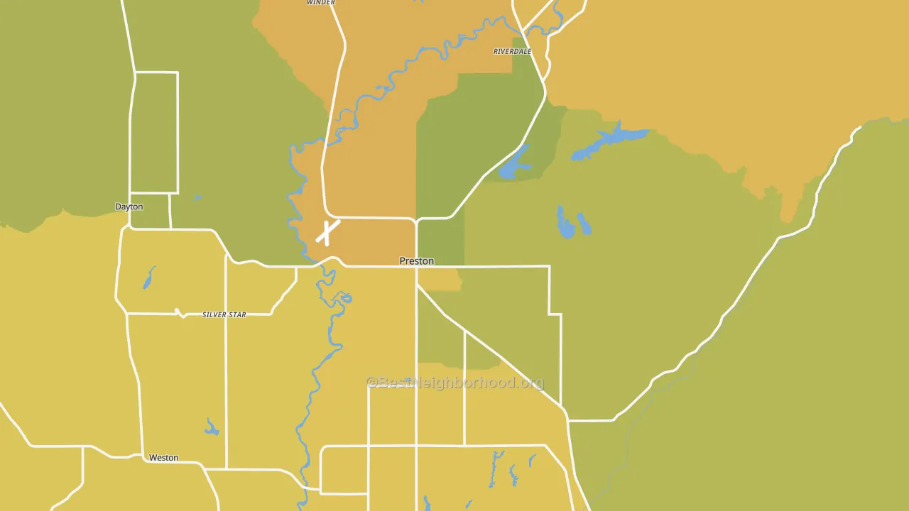 Map of the best neighborhoods in the Preston area, with better matches in green and worse matches in red