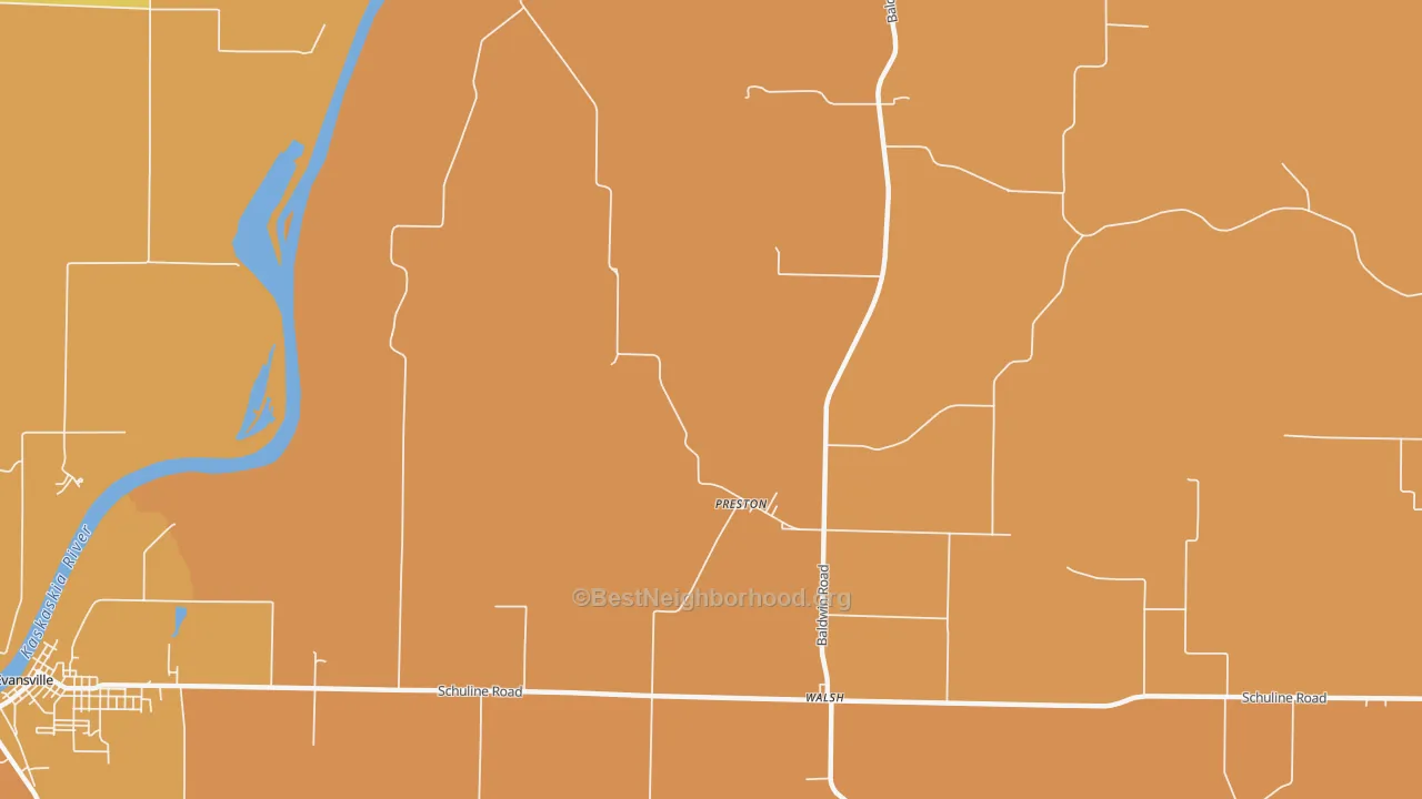Map of the best neighborhoods in the Preston area, with better matches in green and worse matches in red