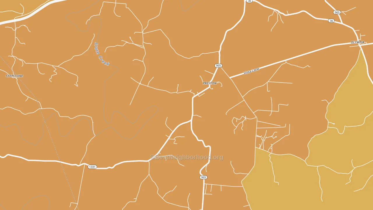 Map of the best neighborhoods in the Preston area, with better matches in green and worse matches in red