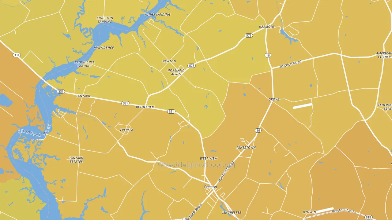 Map of the best neighborhoods in the Preston area, with better matches in green and worse matches in red