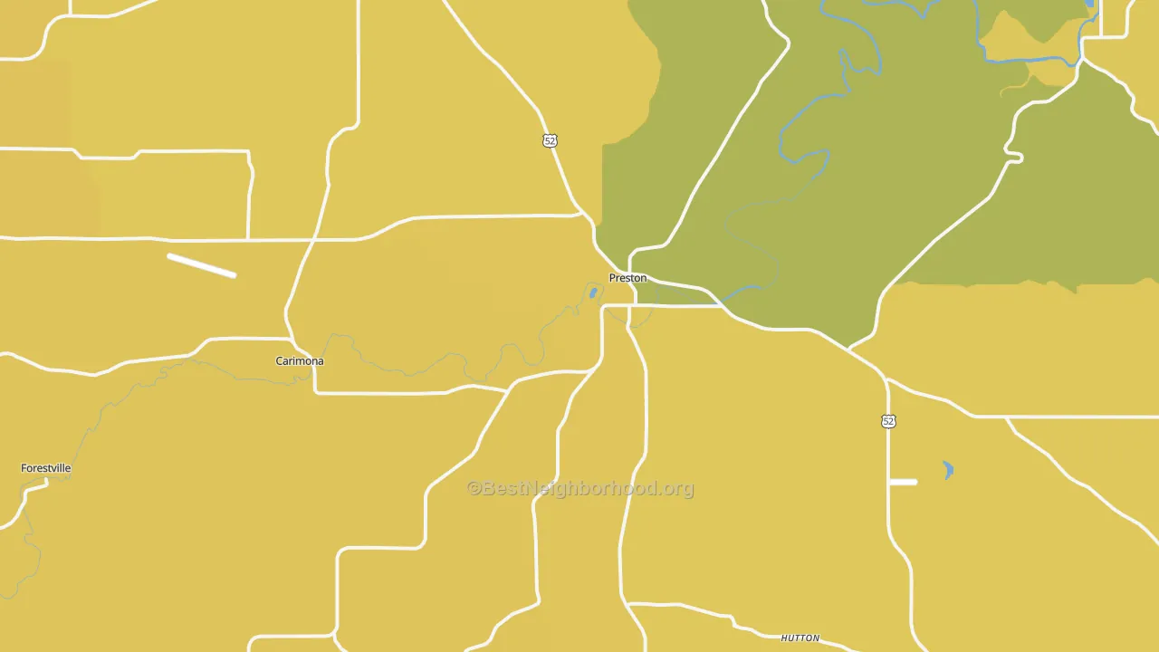Map of the best neighborhoods in the Preston area, with better matches in green and worse matches in red