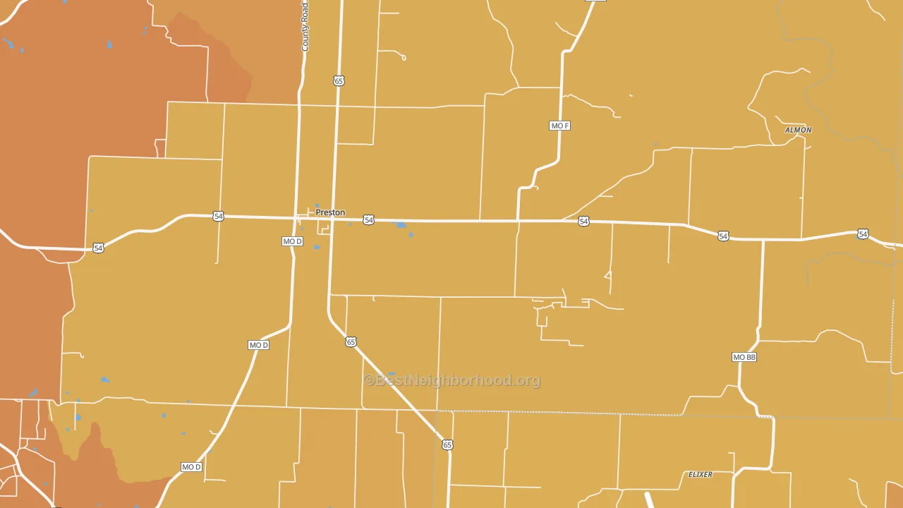 Map of the best neighborhoods in the Preston area, with better matches in green and worse matches in red