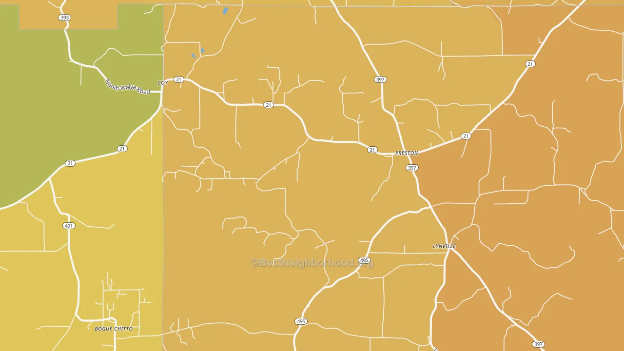 Map of the best neighborhoods in the Preston area, with better matches in green and worse matches in red