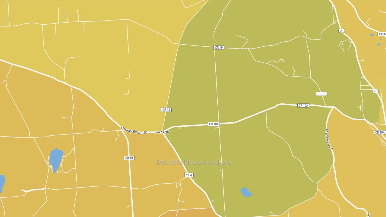 Map of the best neighborhoods in the Preston area, with better matches in green and worse matches in red