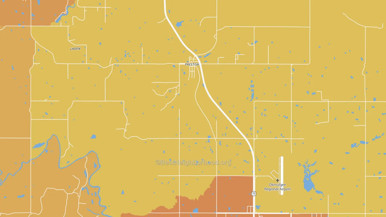 Map of the best neighborhoods in the Preston area, with better matches in green and worse matches in red