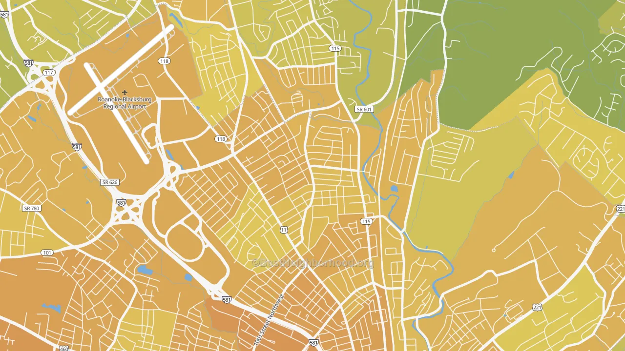 Map of the best neighborhoods in the Preston Park, Roanoke area, with better matches in green and worse matches in red
