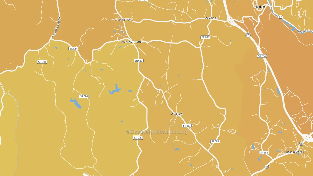 Map of the best neighborhoods in the Preston area, with better matches in green and worse matches in red