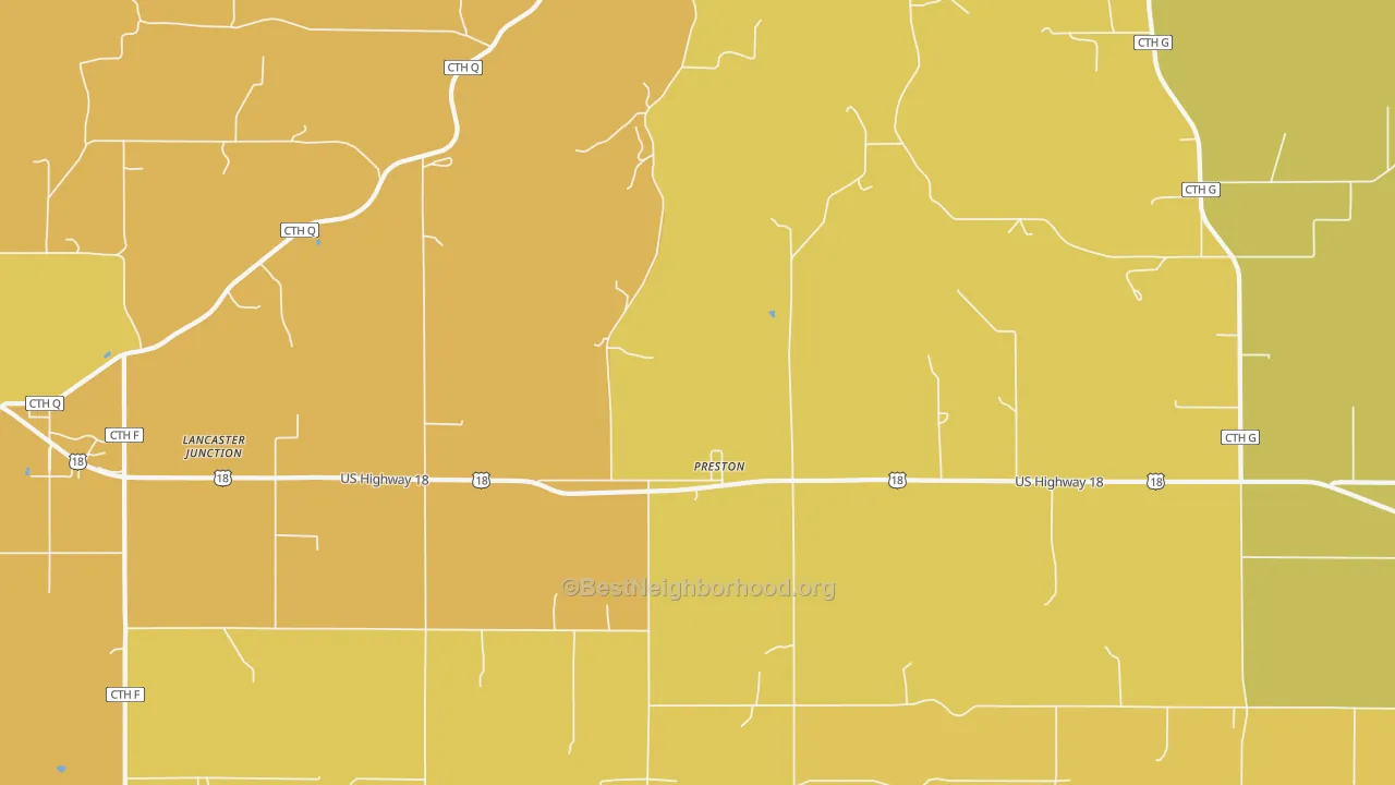 Map of the best neighborhoods in the Preston area, with better matches in green and worse matches in red