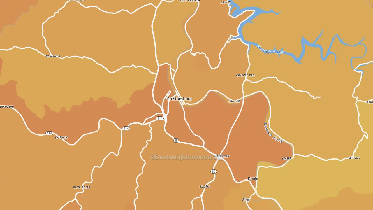 Map of the best neighborhoods in the Prestonsburg area, with better matches in green and worse matches in red