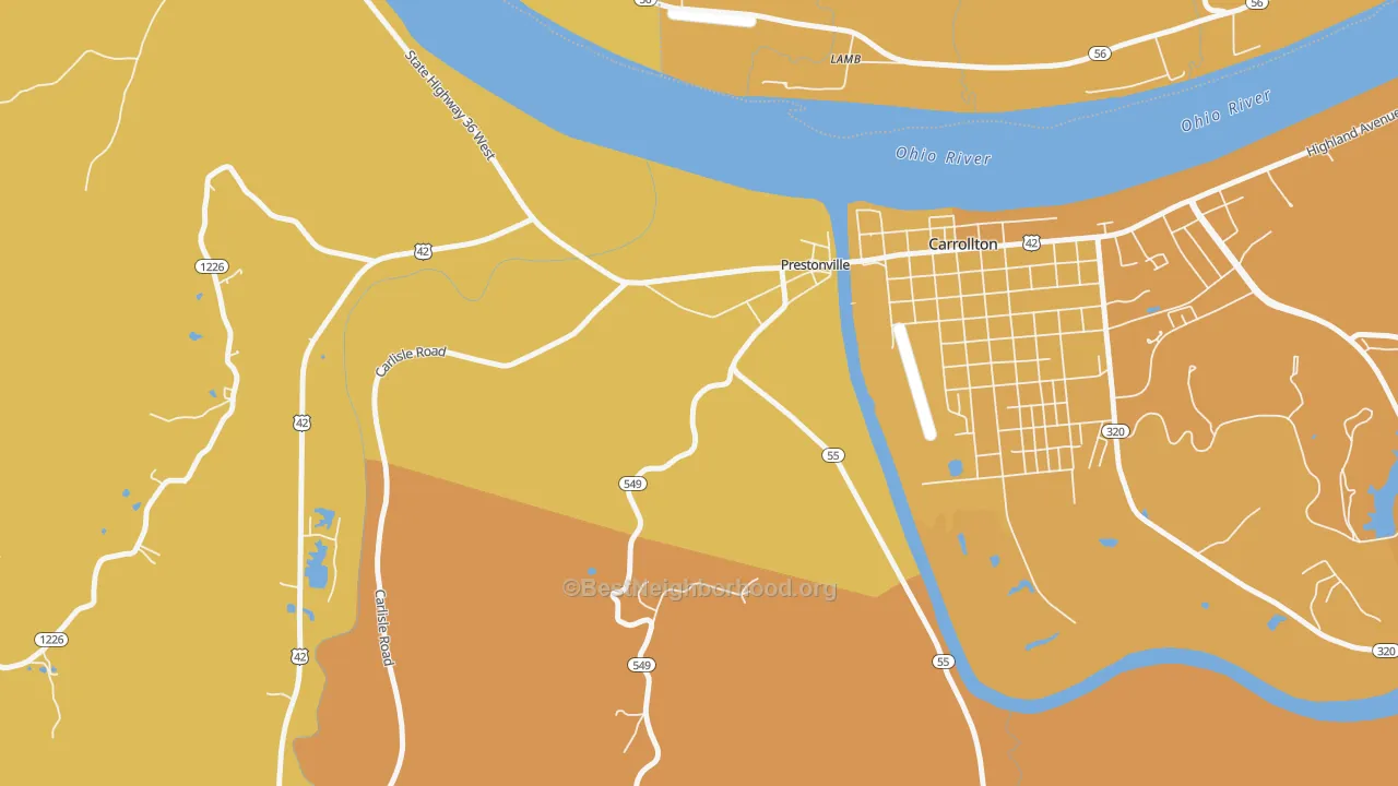 Map of the best neighborhoods in the Prestonville area, with better matches in green and worse matches in red