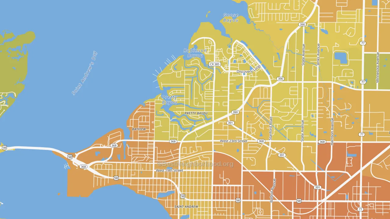 Map of the best neighborhoods in the Pretty Bayou area, with better matches in green and worse matches in red