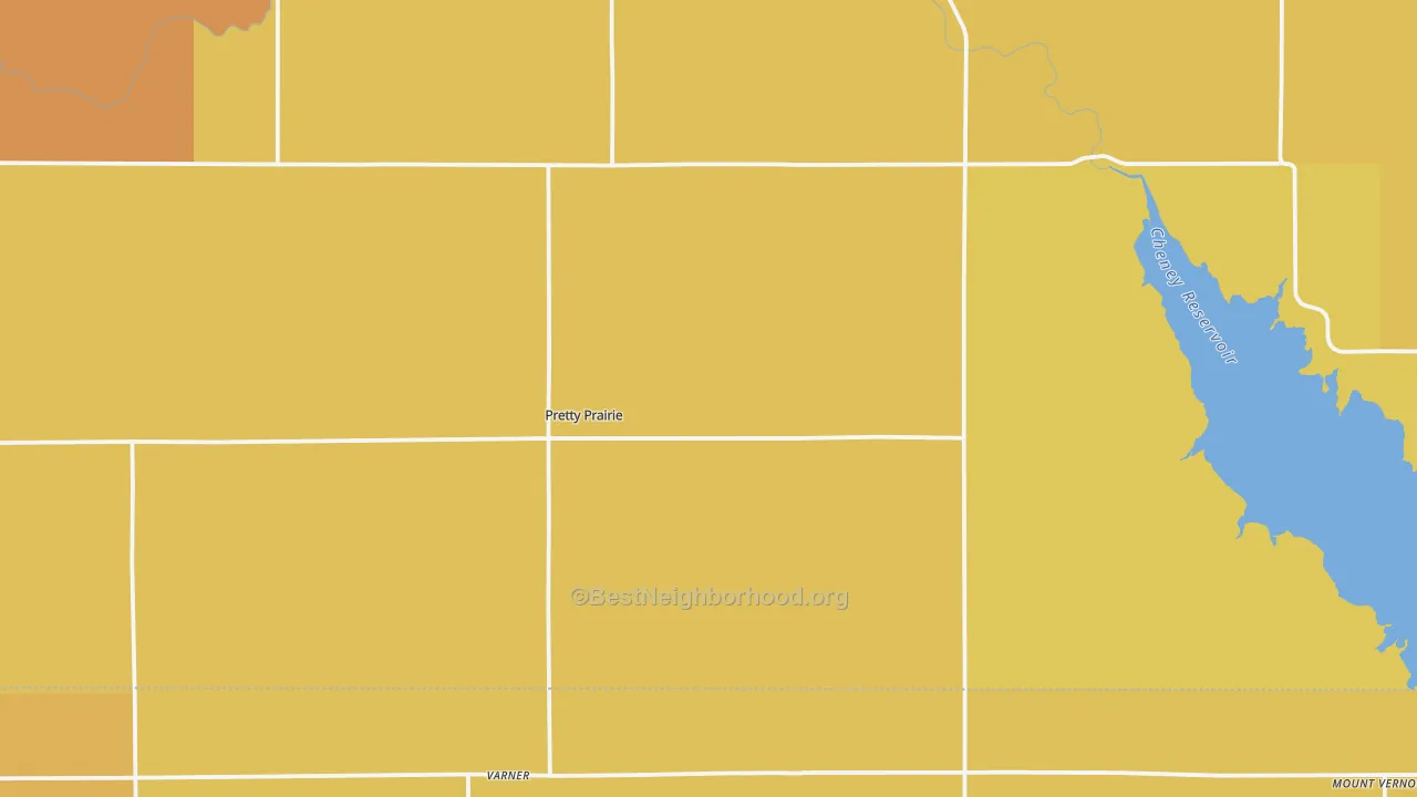 Map of the best neighborhoods in the Pretty Prairie area, with better matches in green and worse matches in red