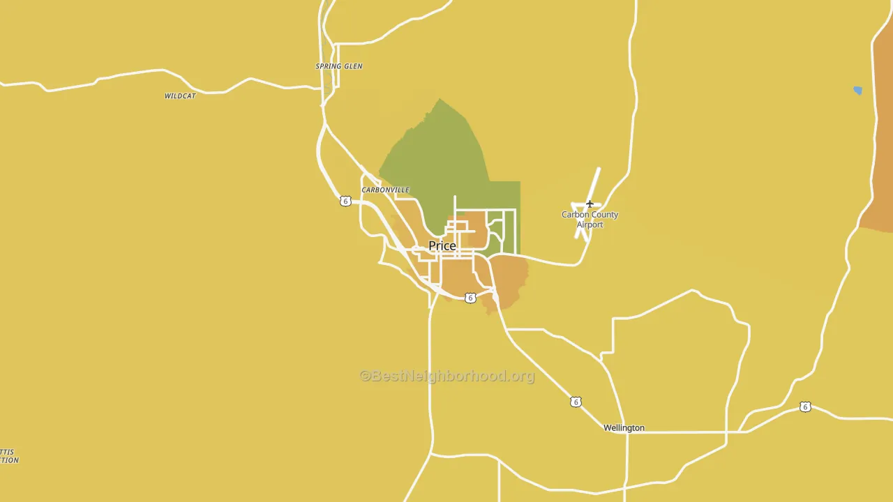 Map of the best neighborhoods in the Price area, with better matches in green and worse matches in red