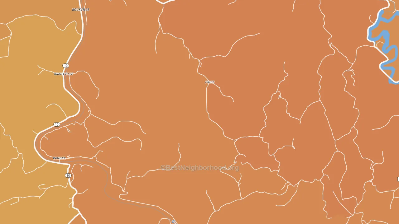 Map of the best neighborhoods in the Price area, with better matches in green and worse matches in red