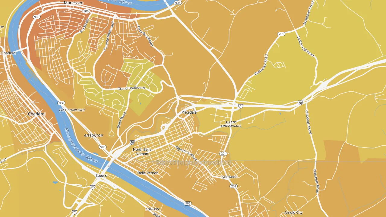 Map of the best neighborhoods in the Pricedale area, with better matches in green and worse matches in red