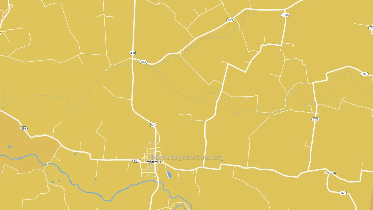 Map of the best neighborhoods in the Prices Mill area, with better matches in green and worse matches in red