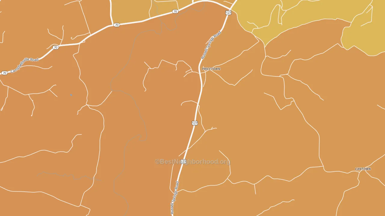 Map of the best neighborhoods in the Pricetown area, with better matches in green and worse matches in red