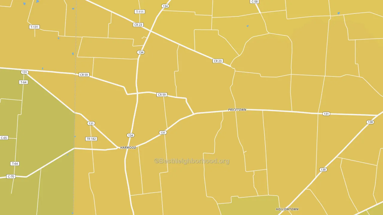 Map of the best neighborhoods in the Pricetown area, with better matches in green and worse matches in red