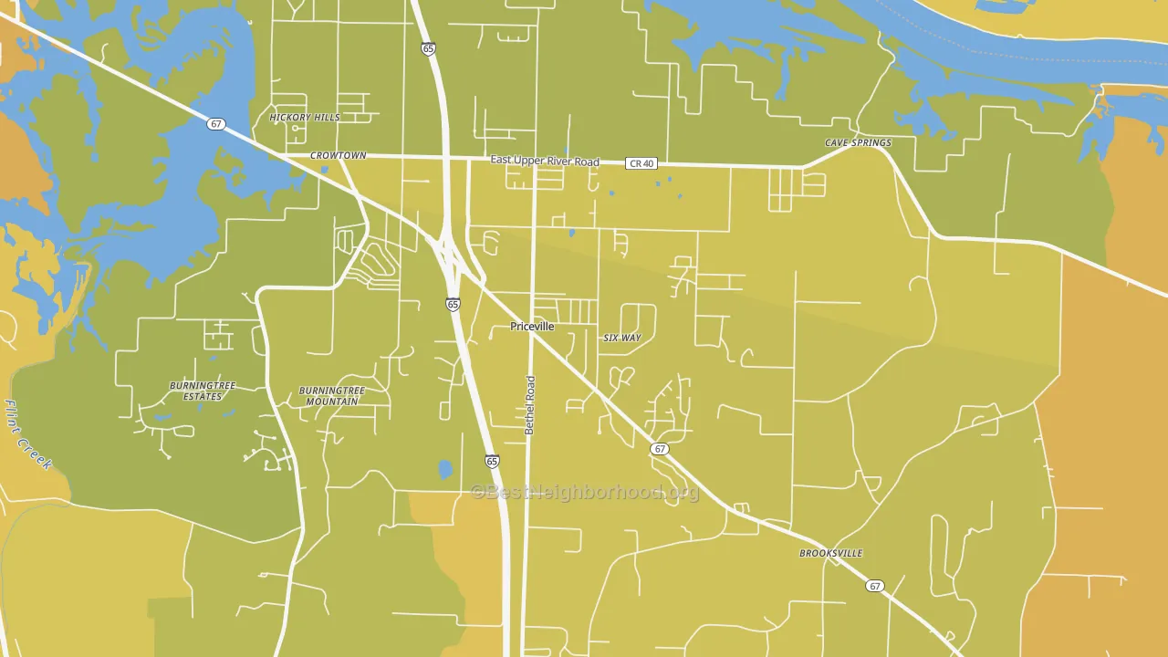 Map of the best neighborhoods in the Priceville area, with better matches in green and worse matches in red