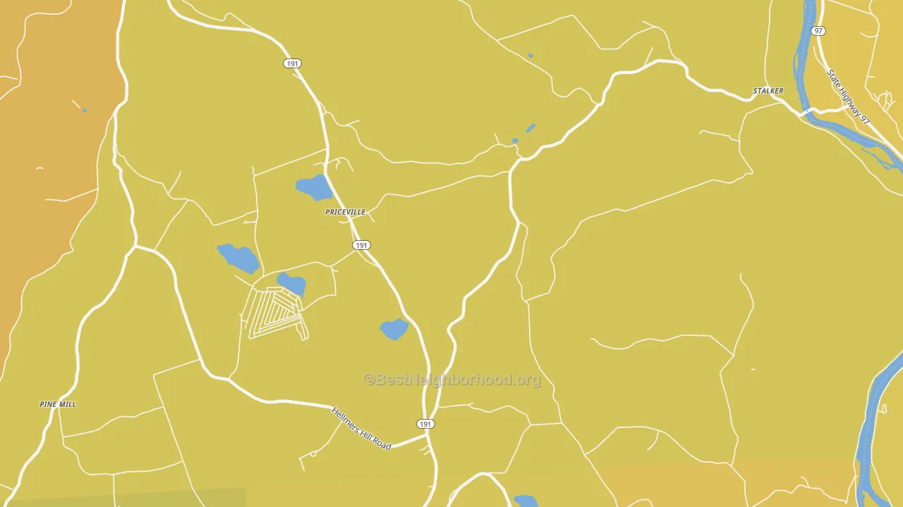 Map of the best neighborhoods in the Priceville area, with better matches in green and worse matches in red