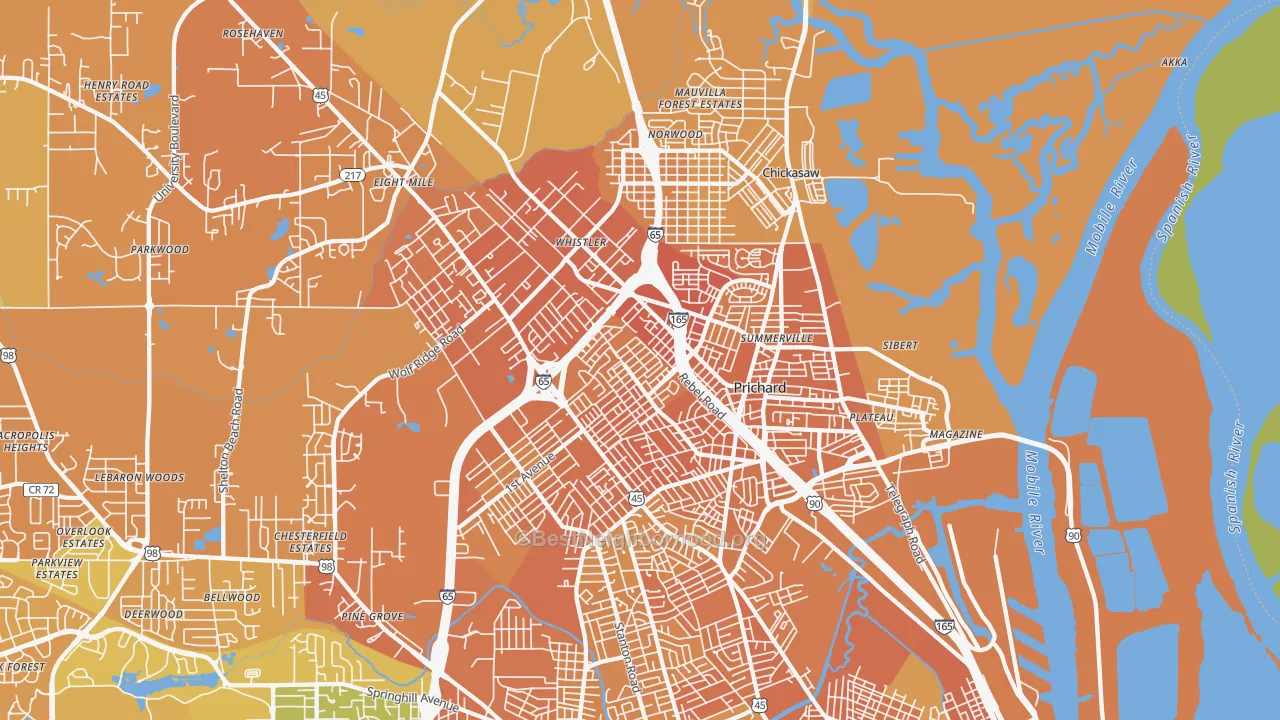Map of the best neighborhoods in the Prichard area, with better matches in green and worse matches in red