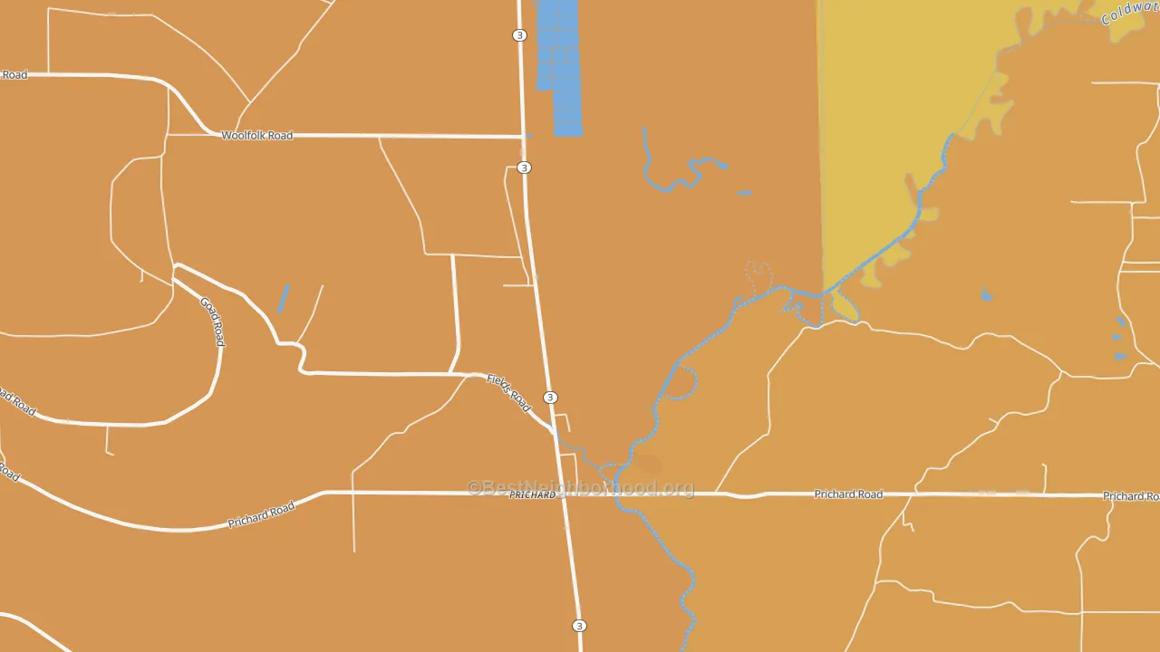 Map of the best neighborhoods in the Prichard area, with better matches in green and worse matches in red