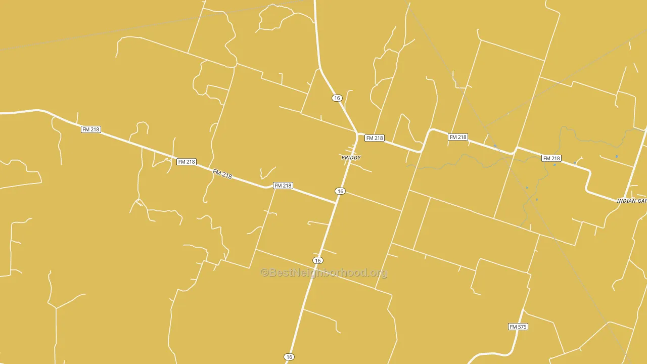 Map of the best neighborhoods in the Priddy area, with better matches in green and worse matches in red