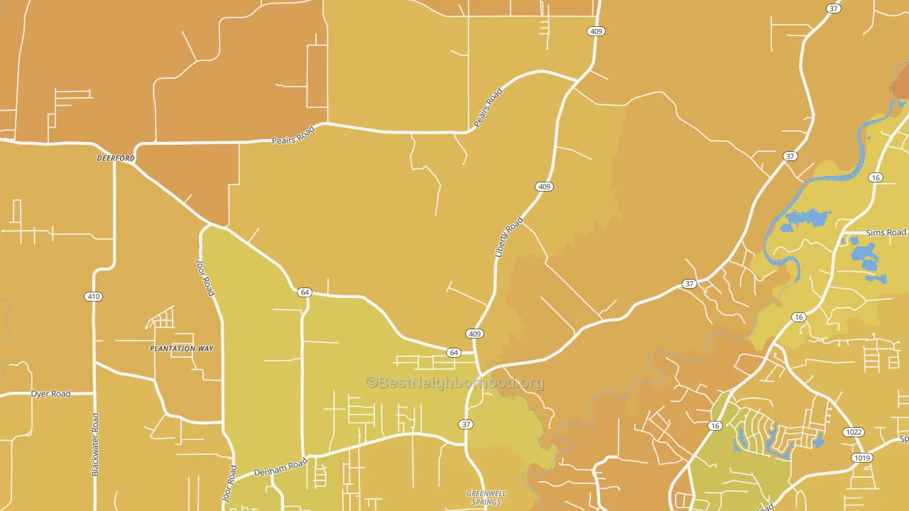 Map of the best neighborhoods in the Pride area, with better matches in green and worse matches in red