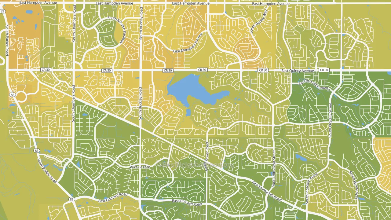 Map of the best neighborhoods in the Prides Crossing, Aurora area, with better matches in green and worse matches in red