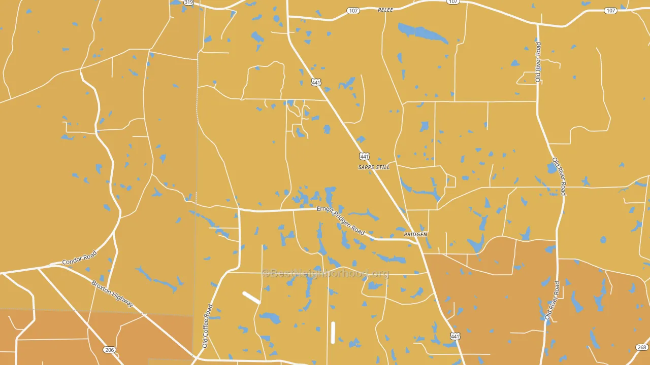 Map of the best neighborhoods in the Pridgen area, with better matches in green and worse matches in red