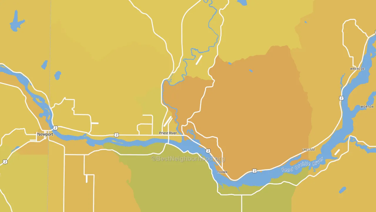 Map of the best neighborhoods in the Priest River area, with better matches in green and worse matches in red