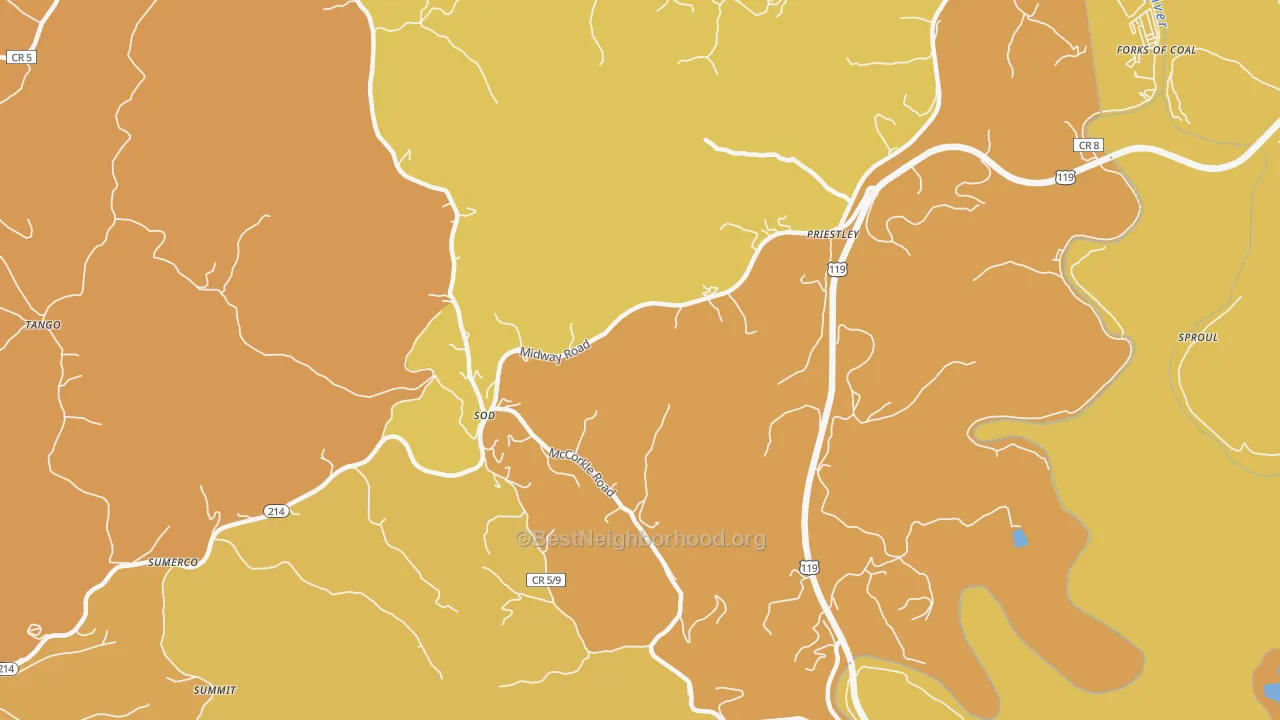 Map of the best neighborhoods in the Priestley area, with better matches in green and worse matches in red