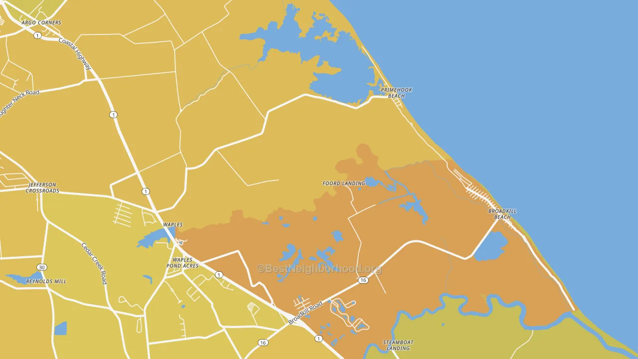 Map of the best neighborhoods in the Primehook Beach area, with better matches in green and worse matches in red