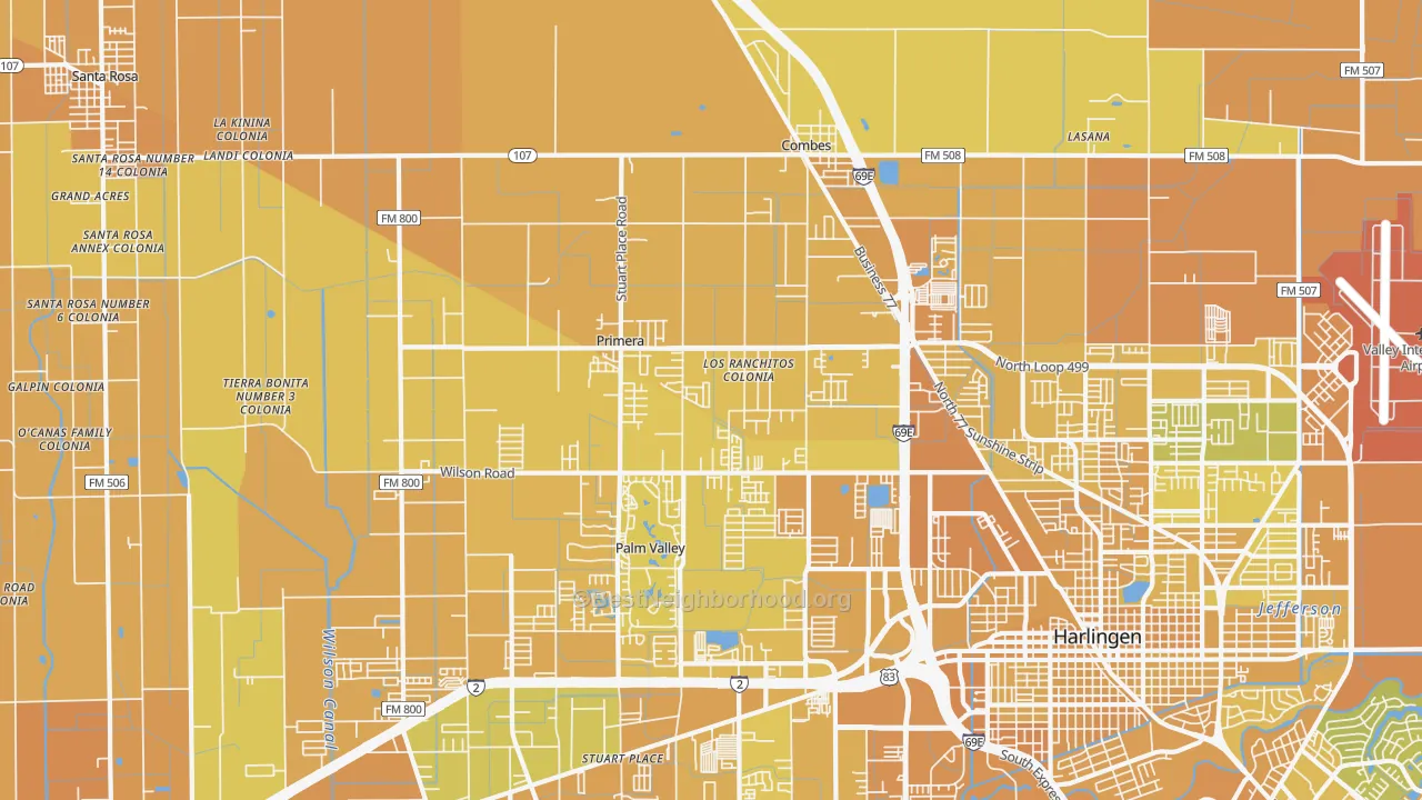 Map of the best neighborhoods in the Primera area, with better matches in green and worse matches in red